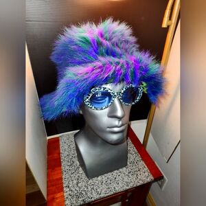 Furry Bucket Hat & Sunglass From Cedar Point 10" Diameter Hat. Halloween Costume